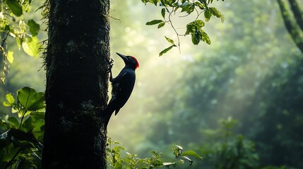 Black Woodpecker Silhouette on Mossy Tree Trunk in Lush Rainforest at Dawn