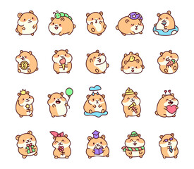 Adorable hamster pet animal set featuring cute kawaii cartoon characters with various emotions, accessories, and fun activities like eating, drinking, celebrating, and reading