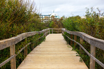 Wooden walkway leading to the beach with a cruise ship in the background