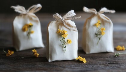 Three small bags filled with colorful flowers rest elegantly on a wooden table, showcasing a charming and vibrant floral arrangement.