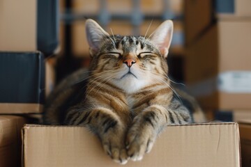 A relaxed tabby cat peacefully naps atop a cardboard box in a cozy storage area. Feline Nap in Industrial Warehouse