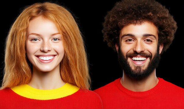 Smiling Young Man and Woman with Curly Hair and Long Red Hair in Colorful Sweaters on Dark Background, Positive Vibes and Joyful Expressions