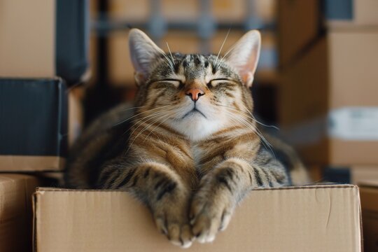 A relaxed tabby cat peacefully naps atop a cardboard box in a cozy storage area. Feline Nap in Industrial Warehouse