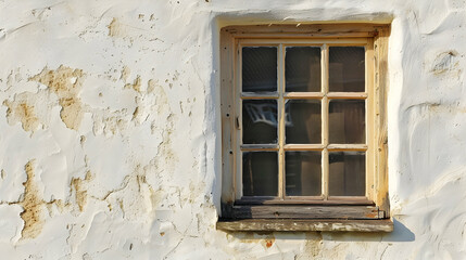 Fototapeta premium Weathered window on an aged wall, showcasing rustic charm with peeling paint and sunlight