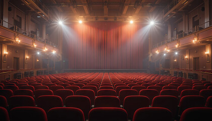 Rows of red theater seats fill the hall, bathed in soft light from overhead fixtures. The stage is set behind a plush red curtain, creating an inviting atmosphere for an upcoming show