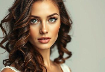 Fototapeta premium Glamorous woman with long curly hair and piercing green eyes