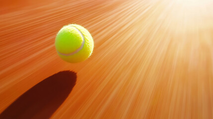 Overhead view of a spinning tennis ball after serve on a vibrant court with motion blur depicting high-speed action in daytime