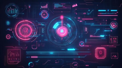 Sci-fi holographic interface background with floating neon symbols and glowing digital effects, high-tech cyber aesthetics