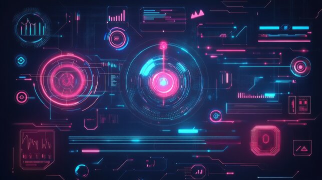 Sci-fi holographic interface background with floating neon symbols and glowing digital effects, high-tech cyber aesthetics
