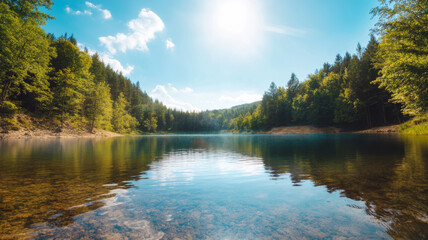 Naklejka premium Breathtaking geothermal pool displaying vivid colors surrounded by lush forest in a tranquil natural setting during a bright sunny day