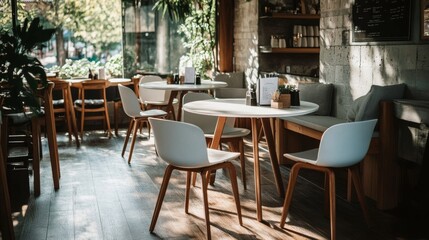 Obraz premium White cafe interior with a wooden floor, round white tables and gray and wooden chairs. 3d rendering mock up