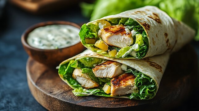 A classic grilled chicken Caesar salad wrap with creamy Caesar dressing