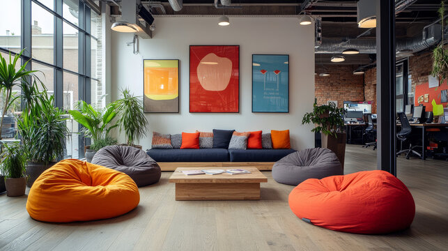 Contemporary reception area with eclectic furniture and vibrant artwork in a modern coworking space