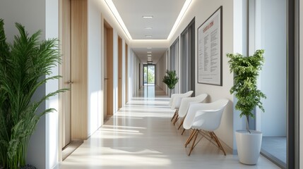White hospital corridor with doors and white chairs for patients waiting for the doctor visit. A poster. 3d rendering mock up