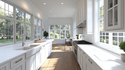 Fototapeta premium White kitchen corner with a wooden floor, large windows and white countertops and cupboards. A side view 3d rendering mock up