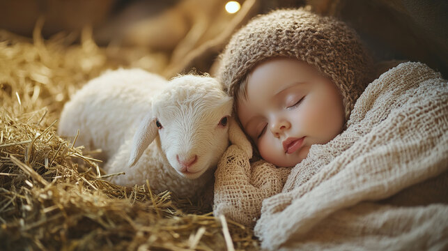 little Jesus lies in the stable on the hay next to a little lamb