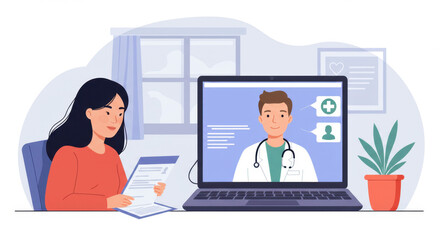 Woman talks online with doctor on laptop at home. Telemedicine consultation concept. Healthcare innovation. Virtual remote meeting with a doctor. Minimal flat design. Modern medical appointment.