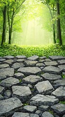 Fototapeta premium Stone path through sunlit forest; nature background