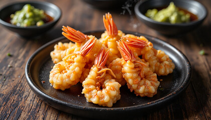 Fototapeta premium Gourmet shrimp dish served on a rustic plate with condiments and copy space
