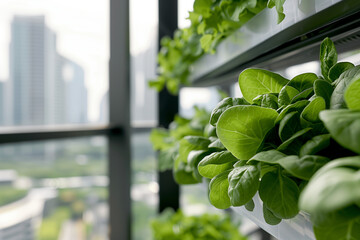 A modern vertical farm with fresh leafy greens growing indoors, set against a backdrop of a city skyline. The image highlights urban agriculture, sustainability, and innovative solutions for food prod