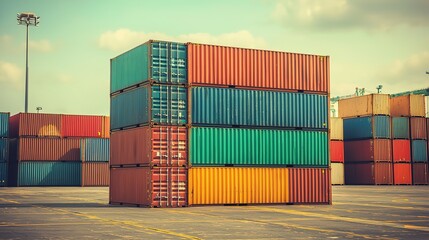 Fototapeta premium Stacked shipping containers in various colors at port industrial environment vibrant view of logistics