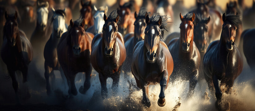 Wild Mustang Horses  running in a rural landscape: A majestic brown horse charges ahead, leading a group of frees-spirited horses through a dusty plain.