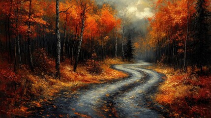 Obraz premium Autumn forest road, winding path, colorful leaves, tranquil scene, painting, possible use for nature wallpaper