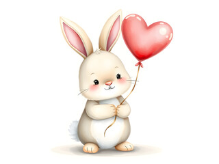 Obraz premium Cute fluffy bunny holding a heart-shaped balloon, soft pastel colors, watercolor illustration