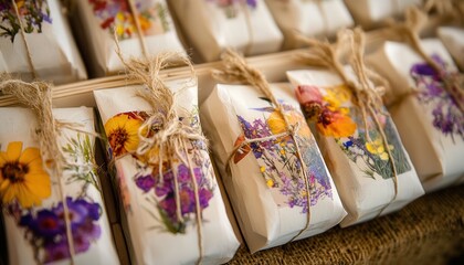 Fototapeta premium A detailed close-up of a collection of beautifully wrapped flowers arranged elegantly on a table, showcasing vibrant colors and textures.