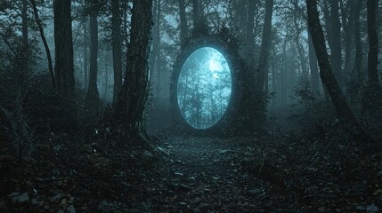 Glowing portal amidst a dark, misty forest path offers a glimpse to another world. Symbolizes possibilities, fantasy, and journey for storytelling, gaming, and adventure themes.