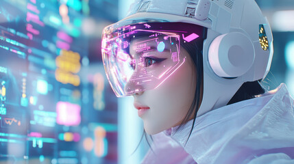 Naklejka premium futuristic digital worker wearing advanced augmented reality visor, analyzing complex data on high tech interface. neon lit environment enhances cyberpunk aesthetic