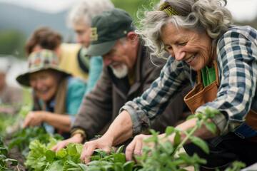 A group of cheerful senior adults working together in a community garden, harvesting fresh vegetables. The image conveys teamwork, sustainability, healthy lifestyle, and intergenerational connection.