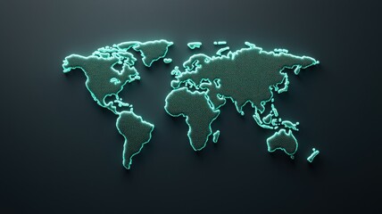Naklejka premium A digital representation of a world map illuminated in a neon green style against a dark background, showcasing global connectivity.