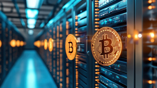 futuristic hacker proof cryptocurrency server with glowing Bitcoin symbols, representing secure blockchain technology and digital finance in high tech data center