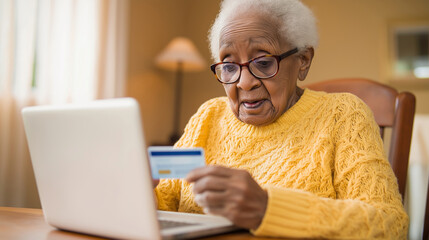 Elderly African American woman focused on online shopping while sitting at a dining table with a laptop and credit card in a cozy and bright room