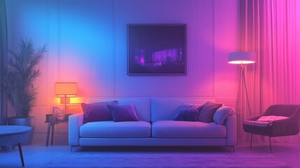 Glowing smart home interface icons over living room interior. Concept of smart home control and modern technology. 3d rendering