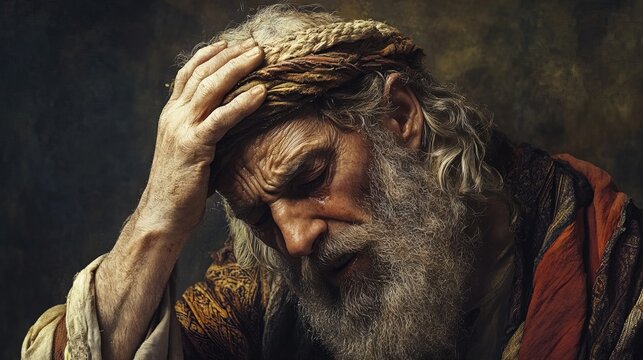 close-up portrait of the Old Testament Job experiencing his misfortunes and illnesses on a dark background