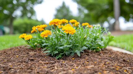 Obraz premium Vibrant marigolds thriving in a circular garden bed with golden pine mulch in a blurred outdoor setting on a sunny day