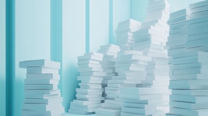 Fototapeta premium Paper documents in white cabinet, light blue background. Heap of files in row, concept of database and storage. 3D rendering