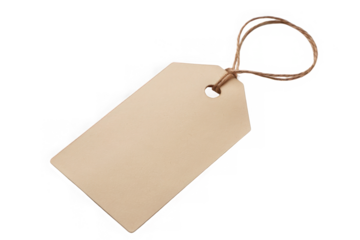 Brown kraft paper tag with twine isolated on transparent background. Ideal for gift wrapping, labeling, or DIY crafting projects.
