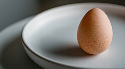A brown egg is centered on a smooth, white plate, reflecting soft, natural light. This simple arrangement highlights the egg's texture and color against a muted background