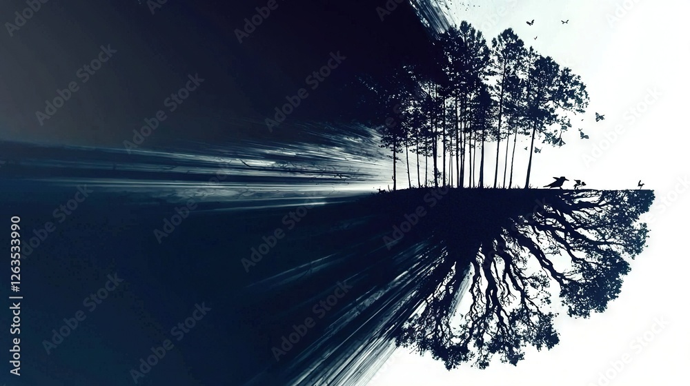 Wall mural a monochrome photograph captures a lone tree amidst an open field, surrounded by avian activity in t