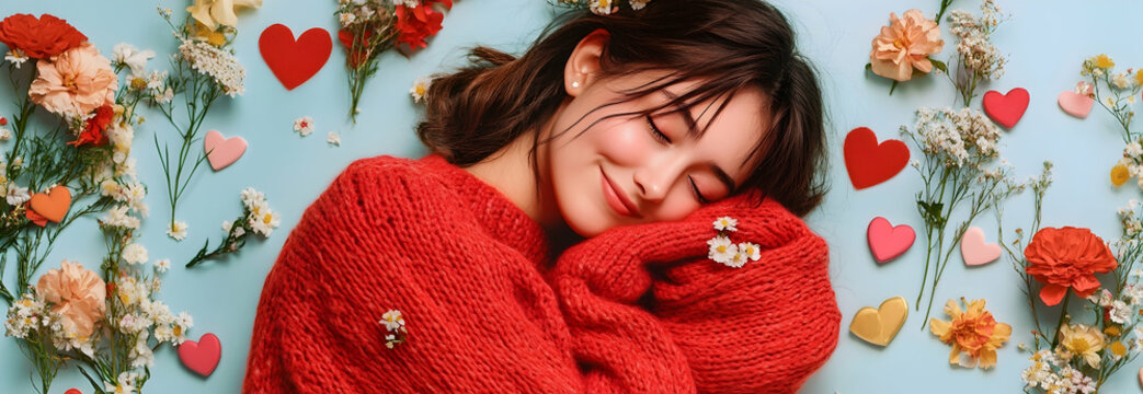 Beautiful girl in a red sweater surrounded by flowers and hearts, hugging herself. Self-love concept