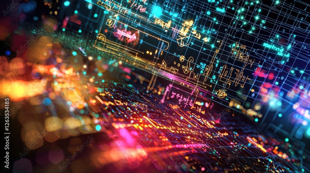 Poster an intricate design showcasing vibrant neon circuits and glowing patterns that highlight the complex