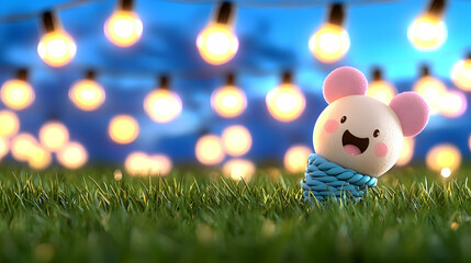 Happy mouse in grass, night lights, outdoor