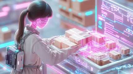 humanoid AI efficiently sorting packages in futuristic warehouse, using holographic interfaces to organize shipments with precision and speed. environment is illuminated with neon lights