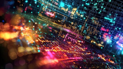 Fototapeta premium An intricate design showcasing vibrant neon circuits and glowing patterns that highlight the complexity of digital technology, evoking a sense of innovation and depth