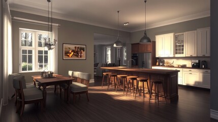 Fototapeta premium Interior of spacious kitchen with grey walls, dark wooden floor, comfortable dining table with soft armchairs, bar with stools and wooden countertops in background. 3d rendering
