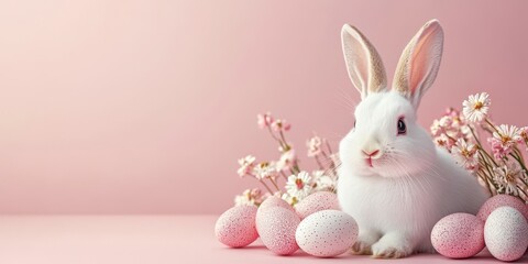 Cute white rabbit surrounded by pink Easter eggs and flowers in a soft pastel setting