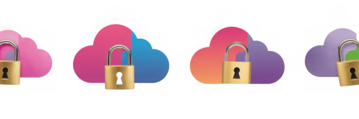 Vibrant and modern digital security icons in the shape of clouds with lock symbols representing data protection network encryption access control and cyber safety concepts 